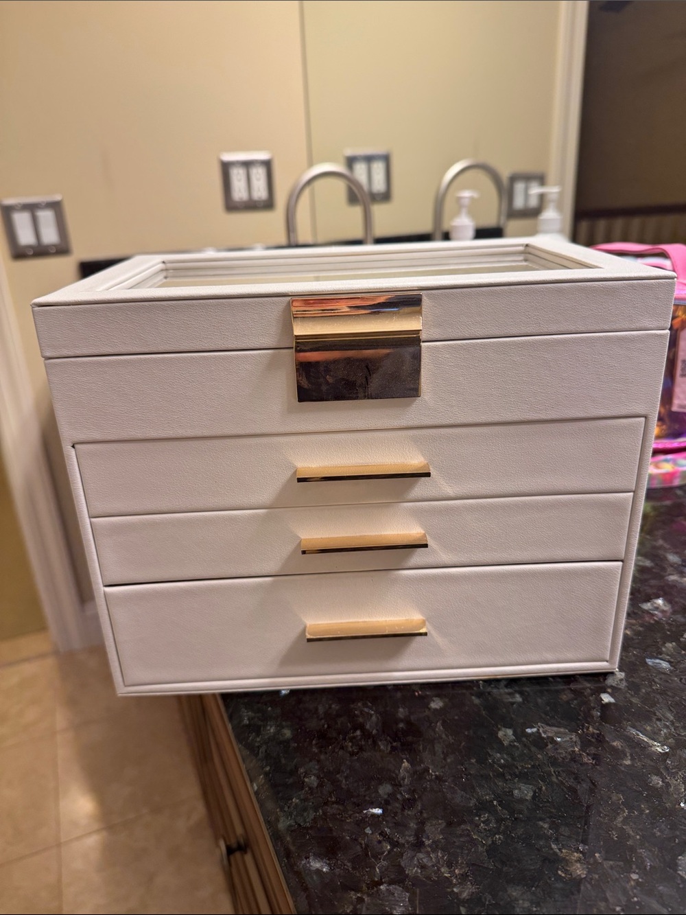 White Jewelry Organizer Chest with Gold Accents